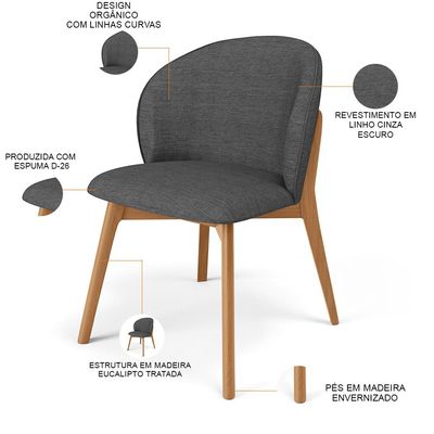 Cadeira de Jantar e Estar Living Estofada Mia L02 Linho Cinza Escuro - Lyam Decor