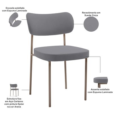 Kit 06 Cadeiras Estofadas Para Sala De Jantar Melina Base Arena L02 Suede Cinza - Lyam Decor