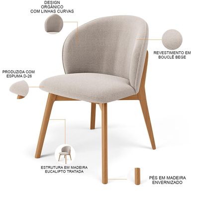Cadeira de Jantar e Estar Living Estofada Mia L02 Bouclê Bege - Lyam Decor