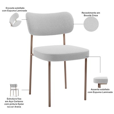 Kit 04 Cadeiras Decorativa Estofada Para Sala de Jantar Melina Base Arena L02 Bouclê Cinza - Lyam Decor