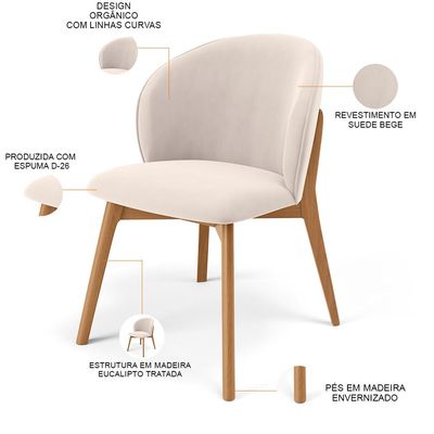 Cadeira de Jantar e Estar Living Estofada Mia L02 Suede Bege - Lyam Decor