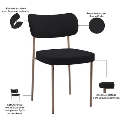 Kit 04 Cadeiras Decorativa Estofada Para Sala de Jantar Melina Base Arena L02 Suede Preto - Lyam Decor