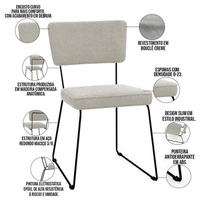 Kit 02 Cadeiras Decorativas Estofada Base De Aço Allana L02 Bouclê Creme - Lyam Decor