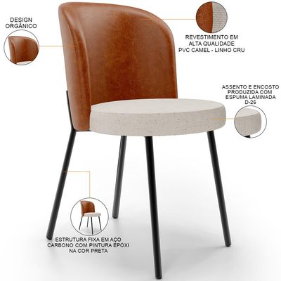 Kit 4 Cadeiras Sala de Jantar Estofada Gavi L02 Couríssimo Camel Linho Cru - Lyam Decor