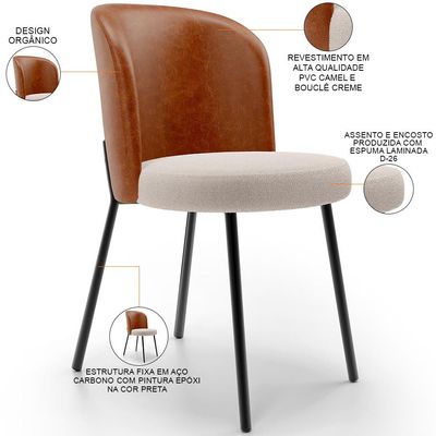 Kit 6 Cadeiras Sala de Jantar Estofada Gavi L02 Couríssimo Camel Bouclê Creme - Lyam Decor