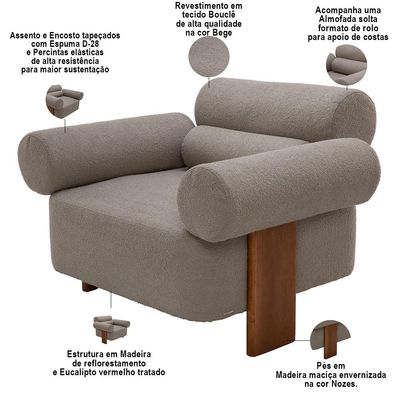 Poltrona Decorativa Orgânica Sala Living Pés Madeira Orpheu L02 Bouclê Bege - Lyam Decor
