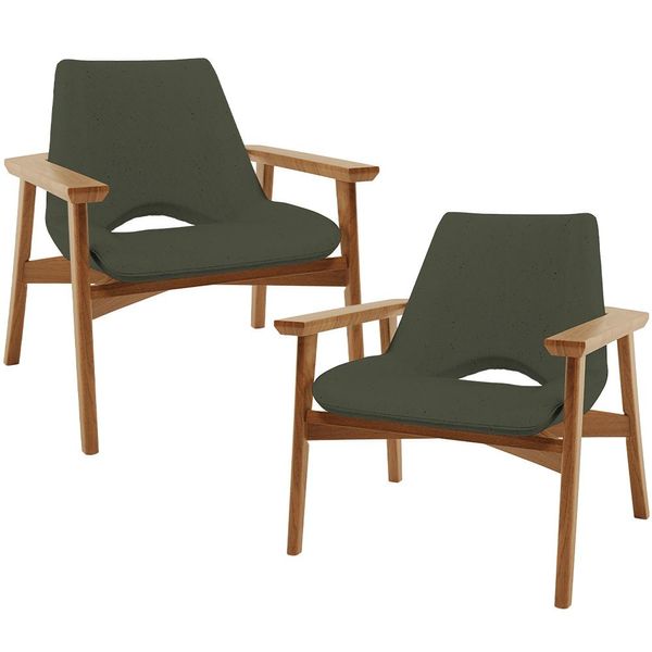 Kit 02 Poltronas Decorativa Para Sala de Estar Living Base Madeira Becker L02 Linho Verde Musgo - Lyam Decor