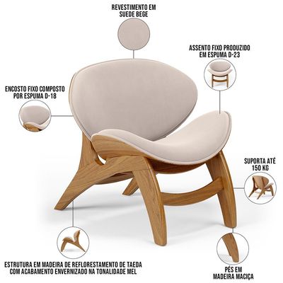 Kit 4 Poltronas Decorativa Orgânica Sala Living Kadosh L02 Suede Bege - Lyam Decor