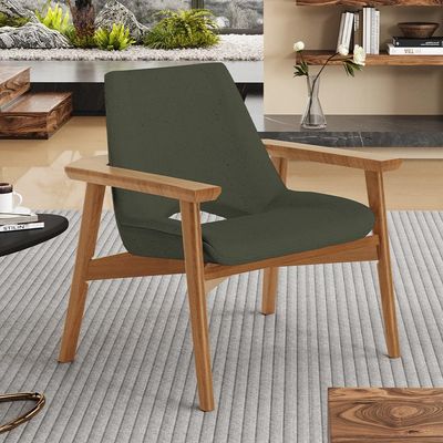 Poltrona Decorativa Para Sala de Estar Living Base Madeira Becker L02 Linho Verde Musgo - Lyam Decor
