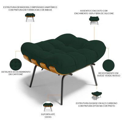 Puff Decorativo Sala de Estar Costela L02 Suede Verde Musgo - Lyam Decor