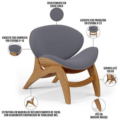 Kit 4 Poltronas Decorativa Orgânica Sala Living Kadosh L02 Suede Cinza - Lyam Decor