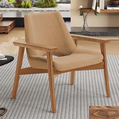 Poltrona Decorativa Para Sala de Estar Living Base Madeira Becker L02 Bouclê Mostarda - Lyam Decor