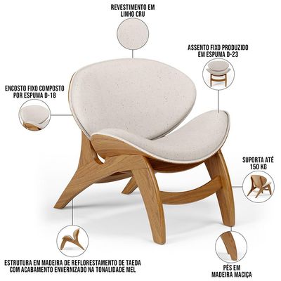 Kit 4 Poltronas Decorativa Orgânica Sala Living Kadosh L02 Linho Cru - Lyam Decor