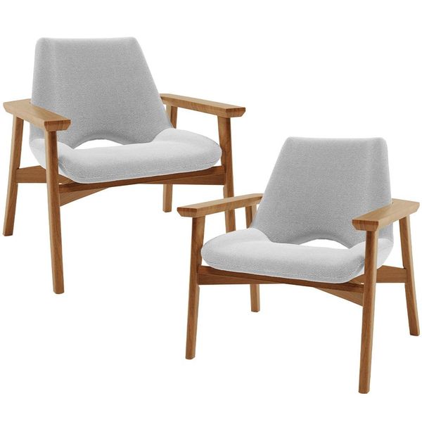 Kit 02 Poltronas Decorativa Para Sala de Estar Living Base Madeira Becker L02 Bouclê Cinza - Lyam Decor