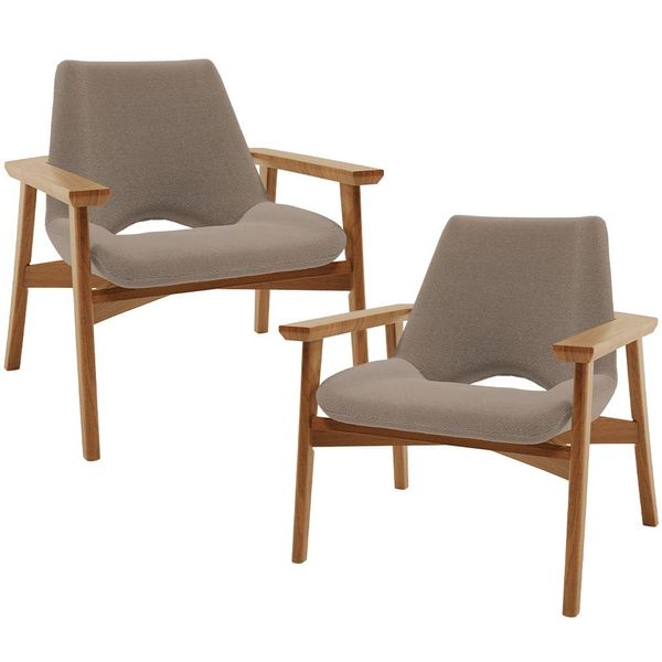 Kit 02 Poltronas Decorativa Para Sala de Estar Living Base Madeira Becker L02 Bouclê Bege - Lyam Decor