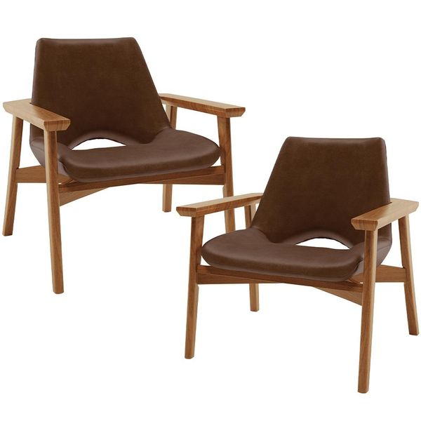 Kit 02 Poltronas Decorativa Para Sala de Estar Living Base Madeira Becker L02 Couríssimo Marrom - Lyam Decor