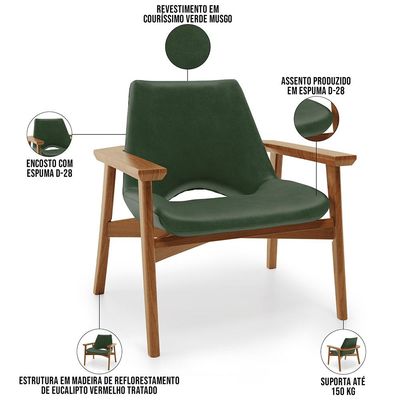 Poltrona Decorativa Para Sala de Estar Living Base Madeira Becker L02 Couríssimo Verde Musgo - Lyam Decor