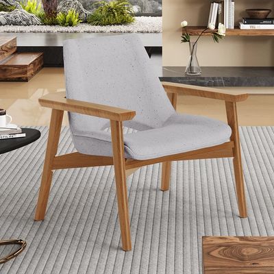 Poltrona Decorativa Para Sala de Estar Living Base Madeira Becker L02 Linho Cinza - Lyam Decor