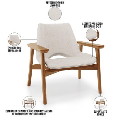 Poltrona Decorativa Para Sala de Estar Living Base Madeira Becker L02 Linho Cru - Lyam Decor