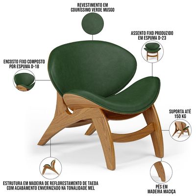 Kit 4 Poltronas Decorativa Orgânica Sala Living Kadosh L02 Couríssimo Verde Musgo - Lyam Decor