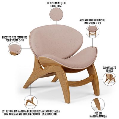 Kit 4 Poltronas Decorativa Orgânica Sala Living Kadosh L02 Linho Rosê - Lyam Decor