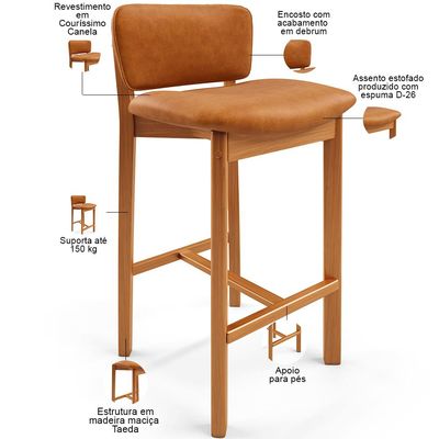 Banqueta Alta Para Cozinha Sala de Jantar Bar Dara L02 Couríssimo Canela - Lyam Decor