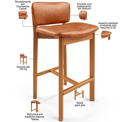 Banqueta Alta Para Cozinha Sala de Jantar Bar Dara L02 Couríssimo Camel - Lyam Decor