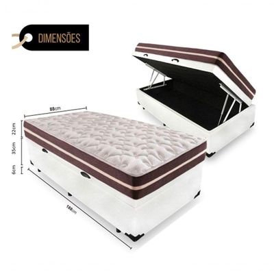 Cama Box Baú Solteiro 88 Tecido Sintético Branco Com Colchão Little Angel - Bello Box - Mola Superlastic 62x88x188cm