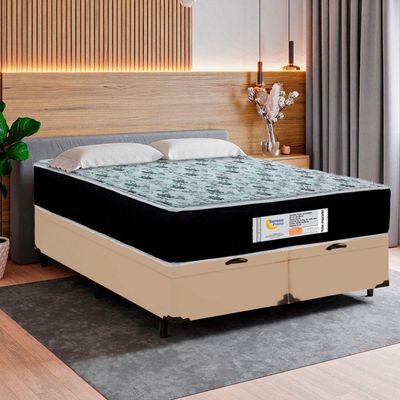 Cama Box Baú Queen Bipartido Sintético + Colchão Molas Ensacadas Sereneprime Sonnolux 158x198x69 Bege