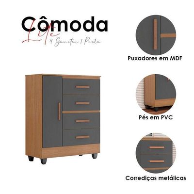 Cômoda Ambiente Lite 4 Gavetas 01 Porta Nature Cinza – Móveis Leão
