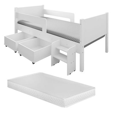 Cama Infantil + Colchão Com 2 Baus Organizador Escada Luna Plus Branco