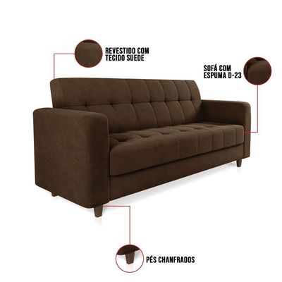 Sofá 03 Lugares Arezzo Suede Pés Chanfrado Tabaco - D'rossi Cor Marrom
