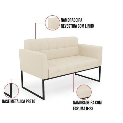 Kit 1 Sofá Namoradeira E 2 Poltronas Elisa Linho Bege A19 Base Metálica Industrial Preto - D'rossi