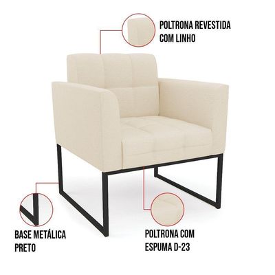 Kit 1 Sofá Namoradeira E 2 Poltronas Elisa Linho Bege A19 Base Metálica Industrial Preto - D'rossi