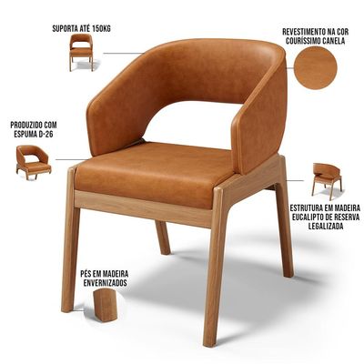 Kit 06 Cadeiras de Jantar e Estar Living Estofada Lince L02 Couríssimo Canela - Lyam Decor