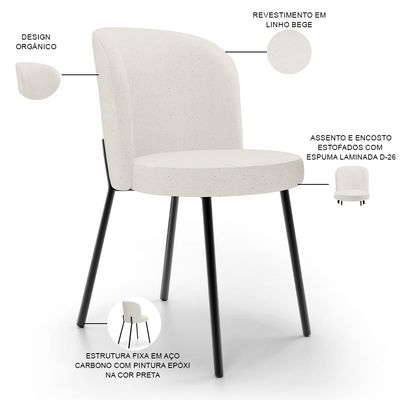 Kit 4 Cadeiras Sala de Jantar Estofada Gavi L02 Linho Bege - Lyam Decor