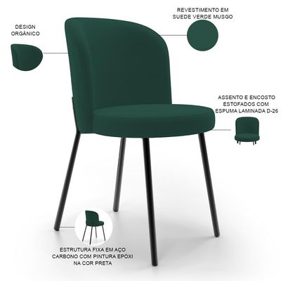 Kit 5 Cadeiras Sala de Jantar Estofada Gavi L02 Suede Verde Musgo - Lyam Decor