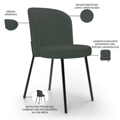 Kit 4 Cadeiras Sala de Jantar Estofada Gavi L02 Linho Verde Musgo - Lyam Decor