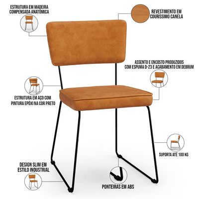 Cadeira Decorativa Estofada Para Sala De Jantar Base Em Aço Allana L02 Couríssimo Canela - Lyam Decor