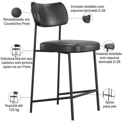 Kit 03 Banquetas Baixa Bar Cozinha Sala De Jantar Preto Elira L02 Couríssimo Preto - Lyam Decor