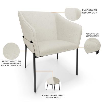 Kit 4 Cadeiras Para Sala de Jantar Estar Living Olívia L02 Linho Champagne - Lyam Decor