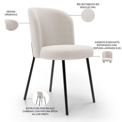 Kit 4 Cadeiras Sala de Jantar Estofada Gavi L02 Bouclê Cru - Lyam Decor