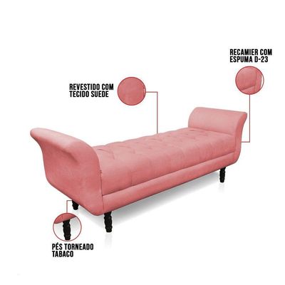 Recamier Olinda Suede 160 Cm Pés Torneados Castanhos - D'rossi Cor Rose
