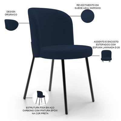 Kit 5 Cadeiras Sala de Jantar Estofada Gavi L02 Suede Azul Marinho - Lyam Decor