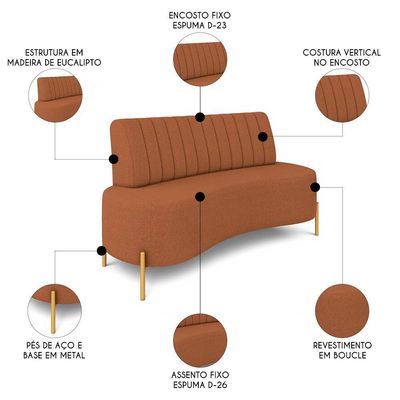 Sofá 2 Lugares 135cm Pés Aço Dourado Tamar Boucle Terracota Z08 - Mpozenato