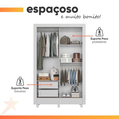 Guarda Roupas Solteiro Com Espelho 2 Portas De Correr 2 Gavetas Bélgica Andirá Branco