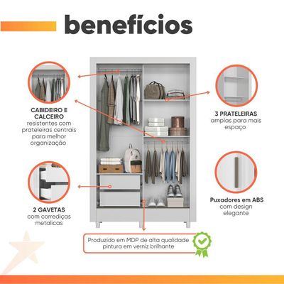 Guarda Roupas Solteiro Com Espelho 2 Portas De Correr 2 Gavetas Bélgica Andirá Branco