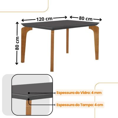 Conjunto Mesa Liz 120cm Com Vidro 4 Cadeiras Athenas Moderna Grafite Imbuia Serig. Grafite