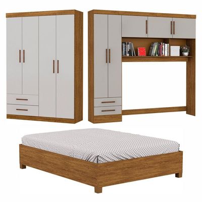 Guarda Roupa Casal Modulado 5 Portas com Cama Hercules 4 Portas 4 Gavetas Cinamomo com Off White