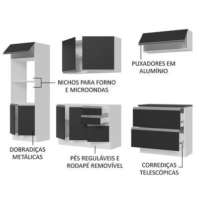Armário De Cozinha Completa 100% Mdf 270cm Branco/preto Acordes Madesa 06
